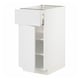 White ikea METOD kitchen cabinet, rectangular shape with one open drawer.