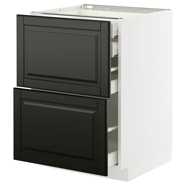 A modern kitchen cabinet, named METOD, in white with black drawers. It a sleek design with a frame construction and beveled edges.