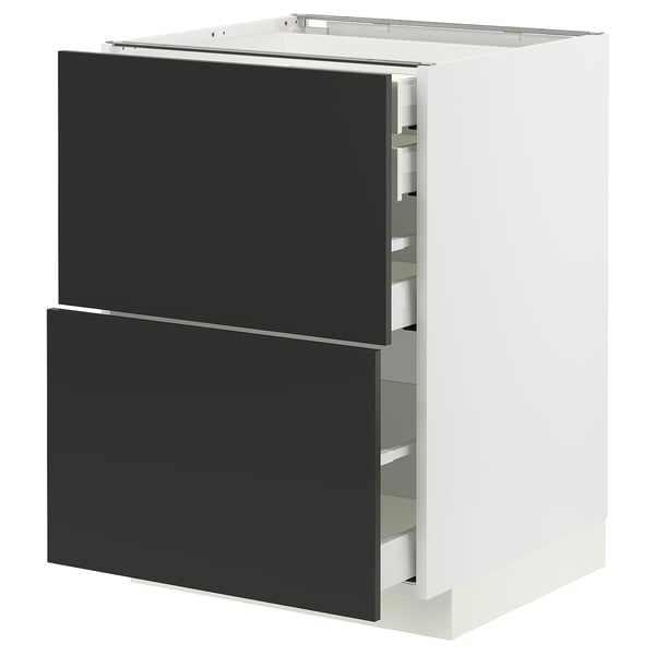 Modern black kitchen cabinet with two drawers, sleek design, and white frame.