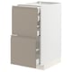 Modern kitchen cabinet with grey-beige matte drawer fronts, silver handles, and sleek, minimalist design.