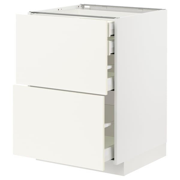 A white METOD kitchen cabinet with multiple drawers, featuring a sleek modern design.