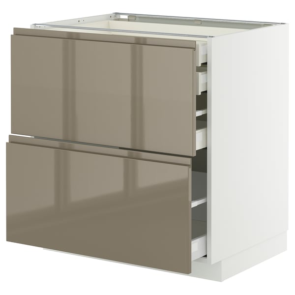 Modern kitchen cabinet, white and metallic grey-brown, glossy finish, sleek drawers with integrated handles.