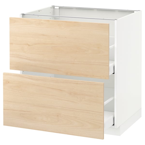 A white and light ash-colored kitchen cabinet with two drawers.