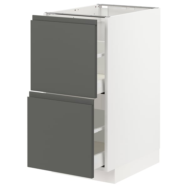 METOD kitchen unit, dark grey drawers, white base, soft-close drawers.