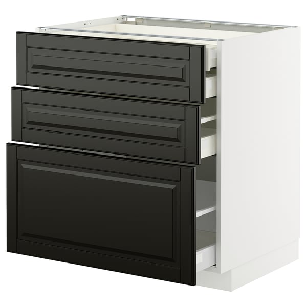 Modern kitchen cabinet with three black beveled drawers, sleek design, white frame.