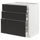 METOD kitchen cabinet with 3 matt black drawers, sleek & modern design, sturdy white base.