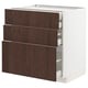 Modern kitchen unit, white & dark brown wood, three drawers, sleek design.