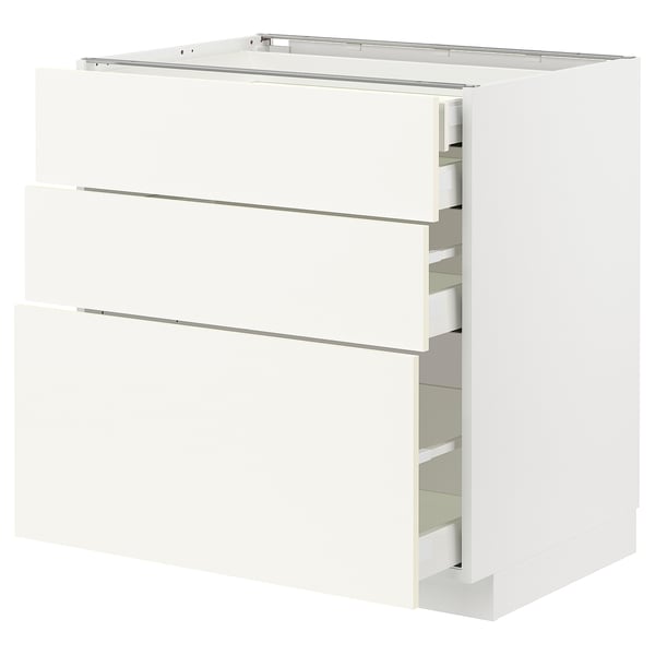 A white METOD kitchen unit with multiple drawers. The unit has a modern, minimalist design with smooth surfaces and sleek handles.