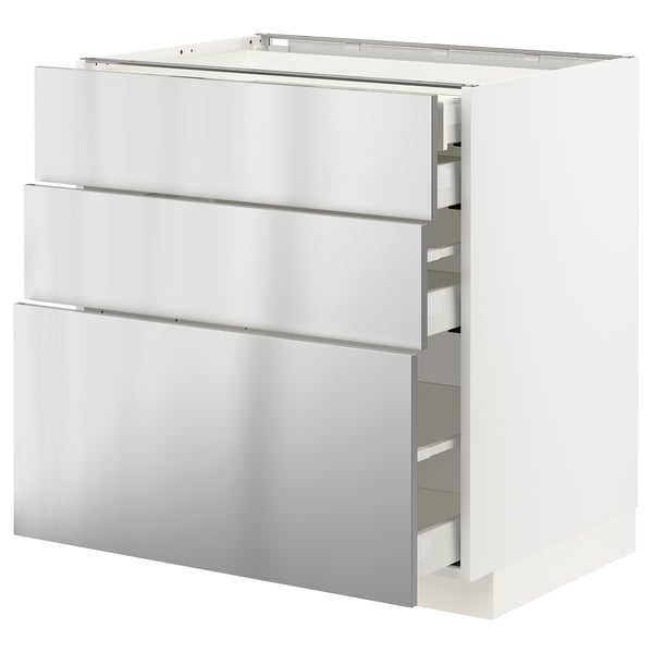 Modern metallic silver kitchen cabinet, three-drawer design.
