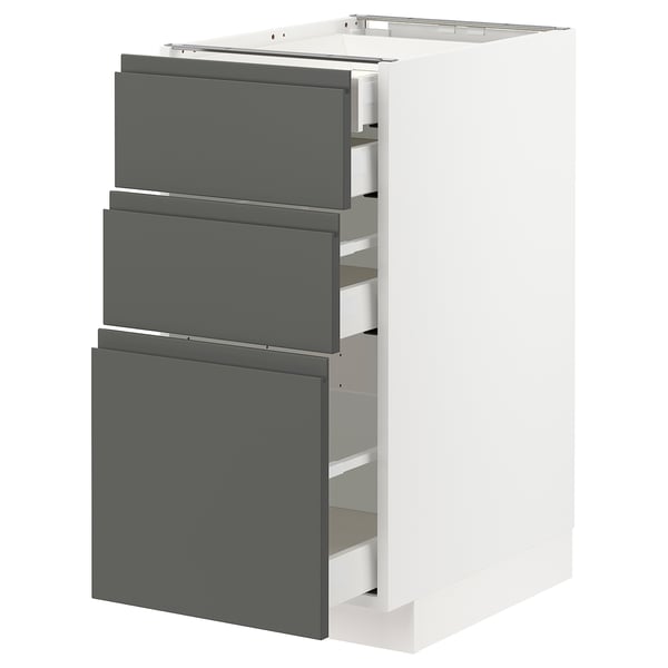 Modern kitchen cabinet with 3 dark grey drawers, white base, sleek handles.