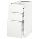 White ikea METOD kitchen cabinet with three open drawers, sleek minimalist design.