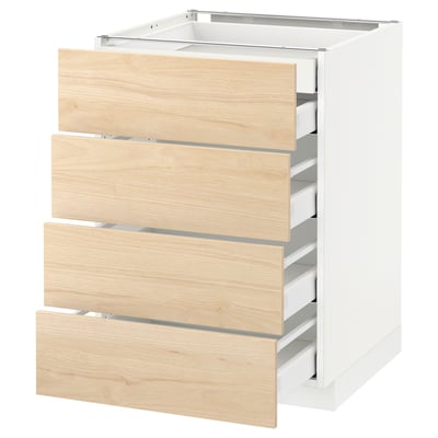 White ikea METOD kitchen base unit with light ash drawers includes three self-closing drawers for organized storage.