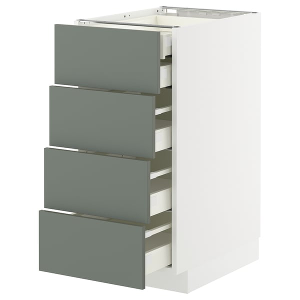 METOD kitchen unit in grey-green. Four drawers, sleek design with smooth glide, tall white cabinet.