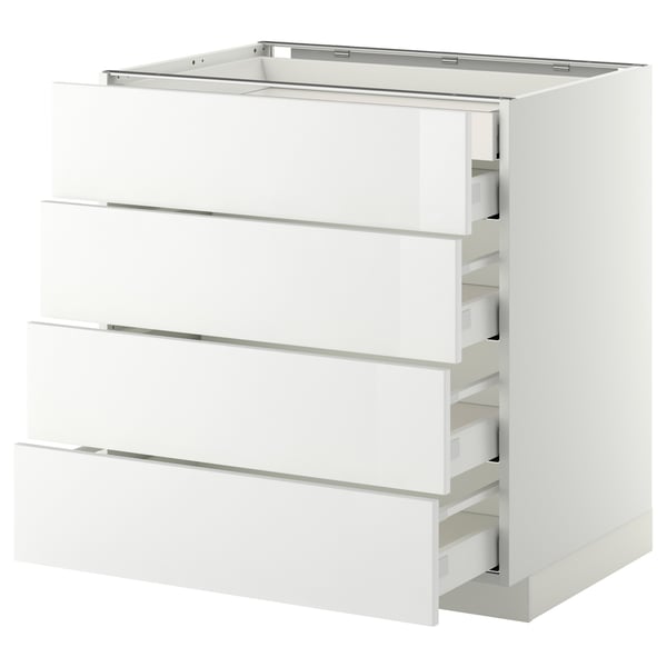 METOD white kitchen cabinet with four drawers, glossy finish, sleek modern design.