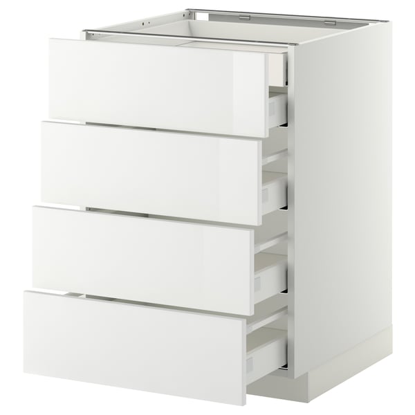 White METOD kitchen unit with four drawers, glossy finish, rectangular shape.