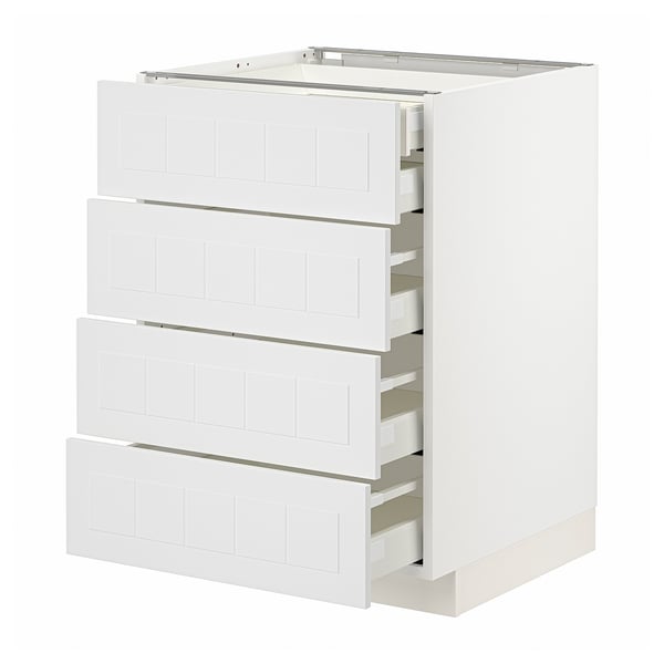 White METOD kitchen cabinet with four shallow drawers, crafted design. Sturdy, smooth drawers.