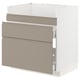 Ikea METOD kitchen unit with upplöv beige-grey fronts, 3 drawer spaces, no handles.