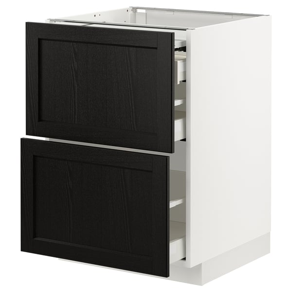 A modern kitchen cabinet from ikeas METOD series, with black-stained wooden drawers and a white frame.
