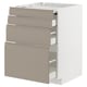 Modern kitchen cabinet in matte grey-beige with four drawers and sleek handles, designed for efficient storage.