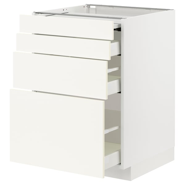 White METOD kitchen cabinet with three pull-out drawers and organizer.
