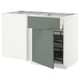 White and teal kitchen cabinet. Open, reveals shelves inside. Modern design, sturdy build.