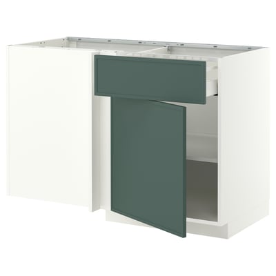 METOD / MAXIMERA Corner base cab w drawer and shelf, white/Aspudden dark grey-green, 128x68 cm