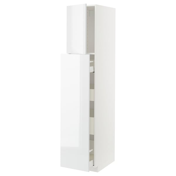 Displays a white METOD kitchen cabinet with a glossy finish and built-in shelves.