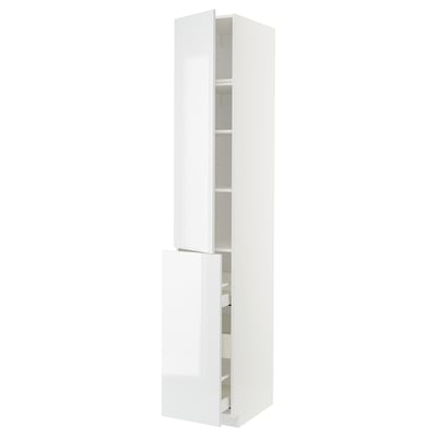 White high gloss METOD kitchen cabinet with adjustable shelves and smooth-closing drawers.
