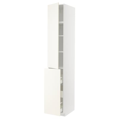 White METOD kitchen cabinet with vallstena fronts; tall, rectangular, and modern design, featuring adjustable shelves and soft-closing drawers.