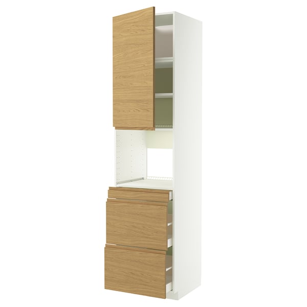 Modern white and oak kitchen cabinet with drawers and shelves.