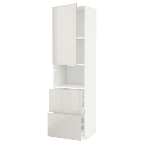White, glossy, tall kitchen cabinet with open shelf and two drawers.