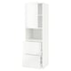 Modern white high gloss kitchen cabinet with open door and drawer.