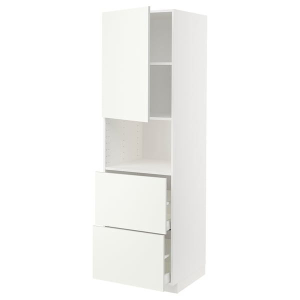 A white METOD kitchen cabinet. It a high cabinet with a door, multiple shelves, and drawers. This modular unit offers versatile storage options.