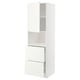 A white METOD kitchen cabinet. It a high cabinet with a door, multiple shelves, and drawers. This modular unit offers versatile storage options.