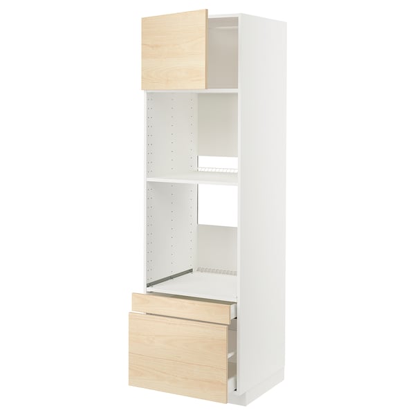 A white and light wood kitchen cabinet from ikeas METOD system. It adjustable shelves and smooth-closing drawers.