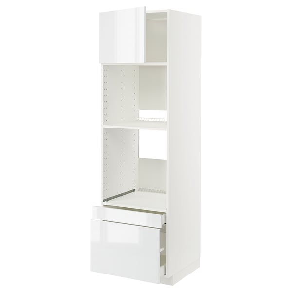 A white, tall kitchen cabinet from the METOD system with a glossy finish, shelves, and drawers.