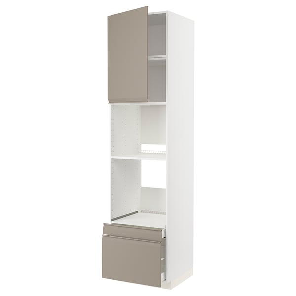 A white METOD kitchen cabinet with beige doors and drawers, featuring a modern, graphic design.