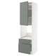 A modern, white kitchen cabinet with grey-green doors and a drawer. It a sleek, tall design with adjustable shelves and smooth-running drawers.