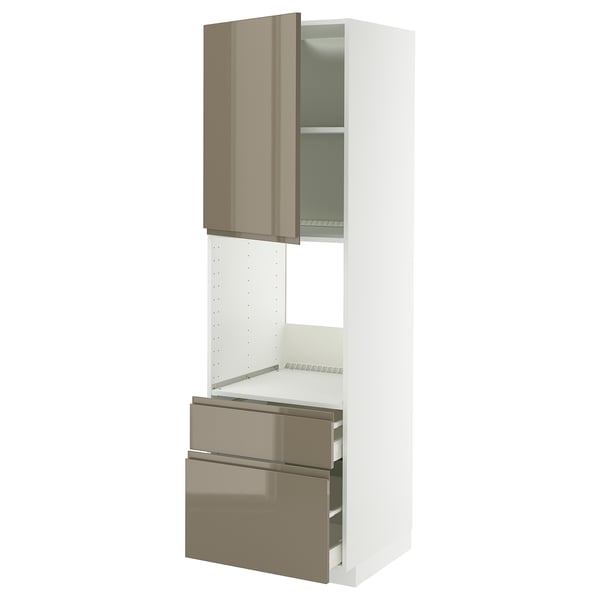 A METOD kitchen cabinet in white with voxtorp high-gloss dark gray-brown doors. It two drawers and a top cabinet with an adjustable shelf.