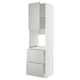 Modern white kitchen cabinet with handles, including drawers and shelves.