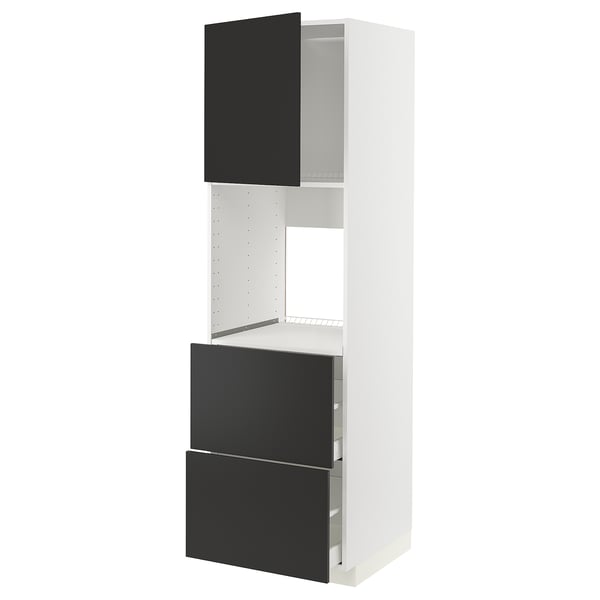 Modern tall kitchen cabinet with black drawer and door, white frame, adjustable shelf, and smooth-closing drawers.
