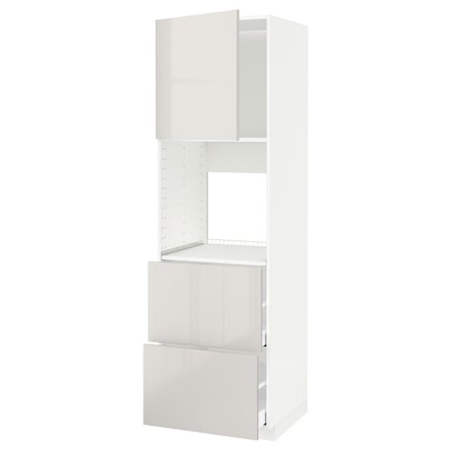 White METOD kitchen unit with glossy drawers and shelf.