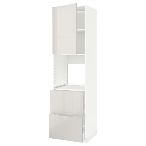This image shows a white METOD kitchen cabinet set with high gloss doors.