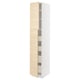 METOD kitchen cabinet in white with light ash wood door, tall and slim, partially open.