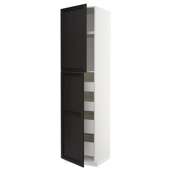 METOD kitchen cabinet: white & black, tall, rectangular, with bevelled doors & shelves.