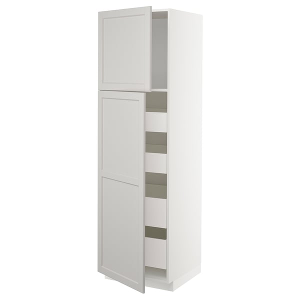 White METOD kitchen cabinet, tall and slim, with two open doors revealing adjustable shelves.
