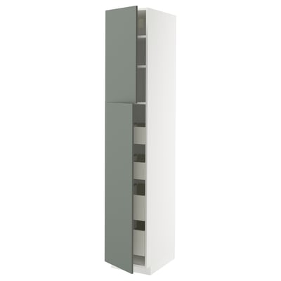 Vertical kitchen cabinet in matt grey-green with minimalist design, featuring multiple shelves and drawers.