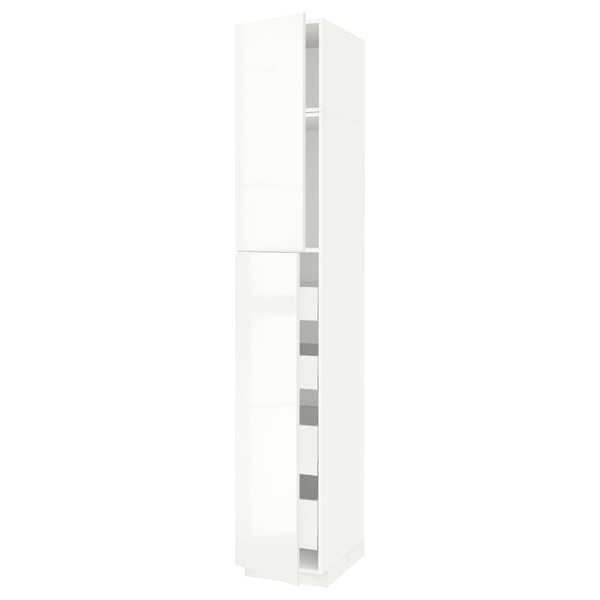 Tall white high-gloss cabinet with multiple shelves.