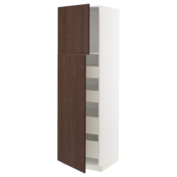 Modern kitchen cabinet, white with dark brown door.