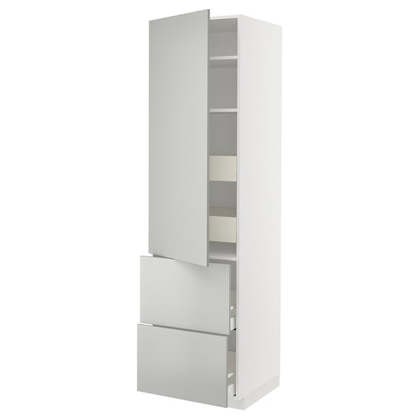 White kitchen cabinet, tall and slim, modern design, light grey, with drawers and shelves.